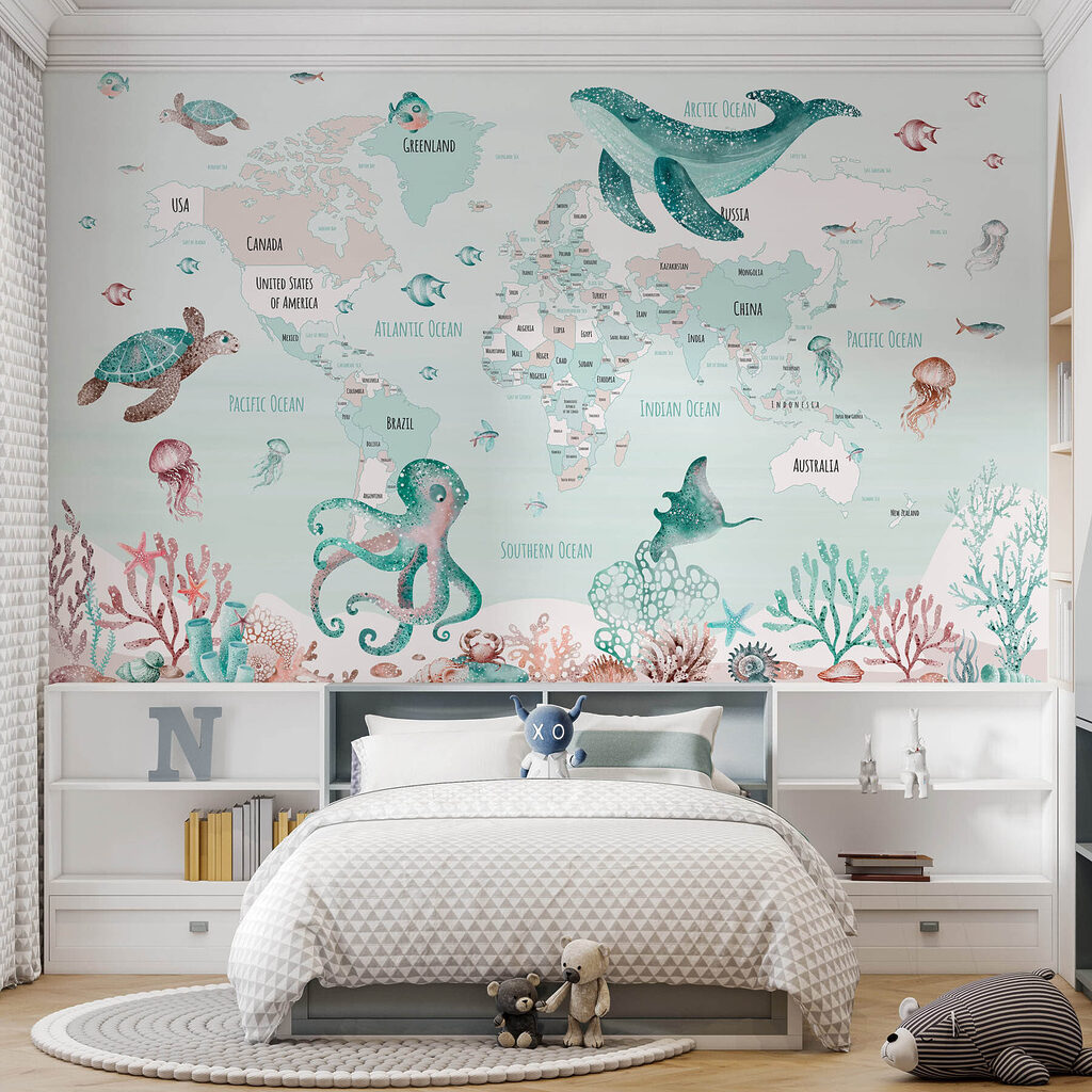 Weltkarte mit Meerestieren in einem Interieur