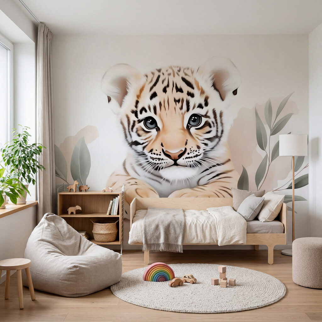 Tigerjunges zwischen hellen Blättern in einem Interieur