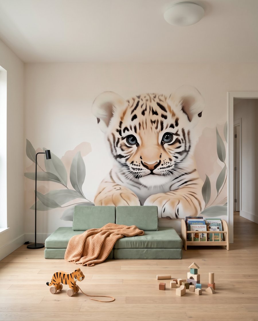 Tigerjunges zwischen hellen Blättern in einem Interieur