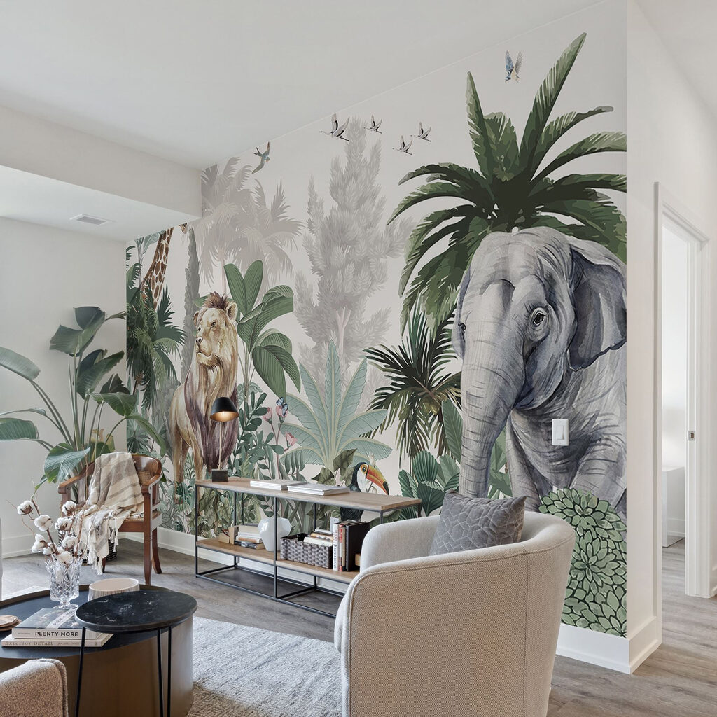 Dschungeltiere zwischen hohen Pflanzen in einem Interieur