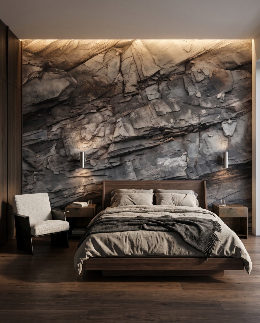 Raue Felsschichten in Grau in einem Interieur