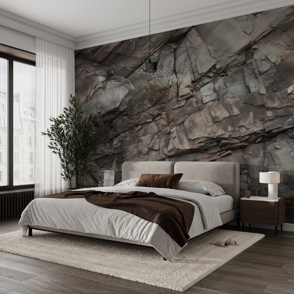 Raue Felsschichten in Grau in einem Interieur