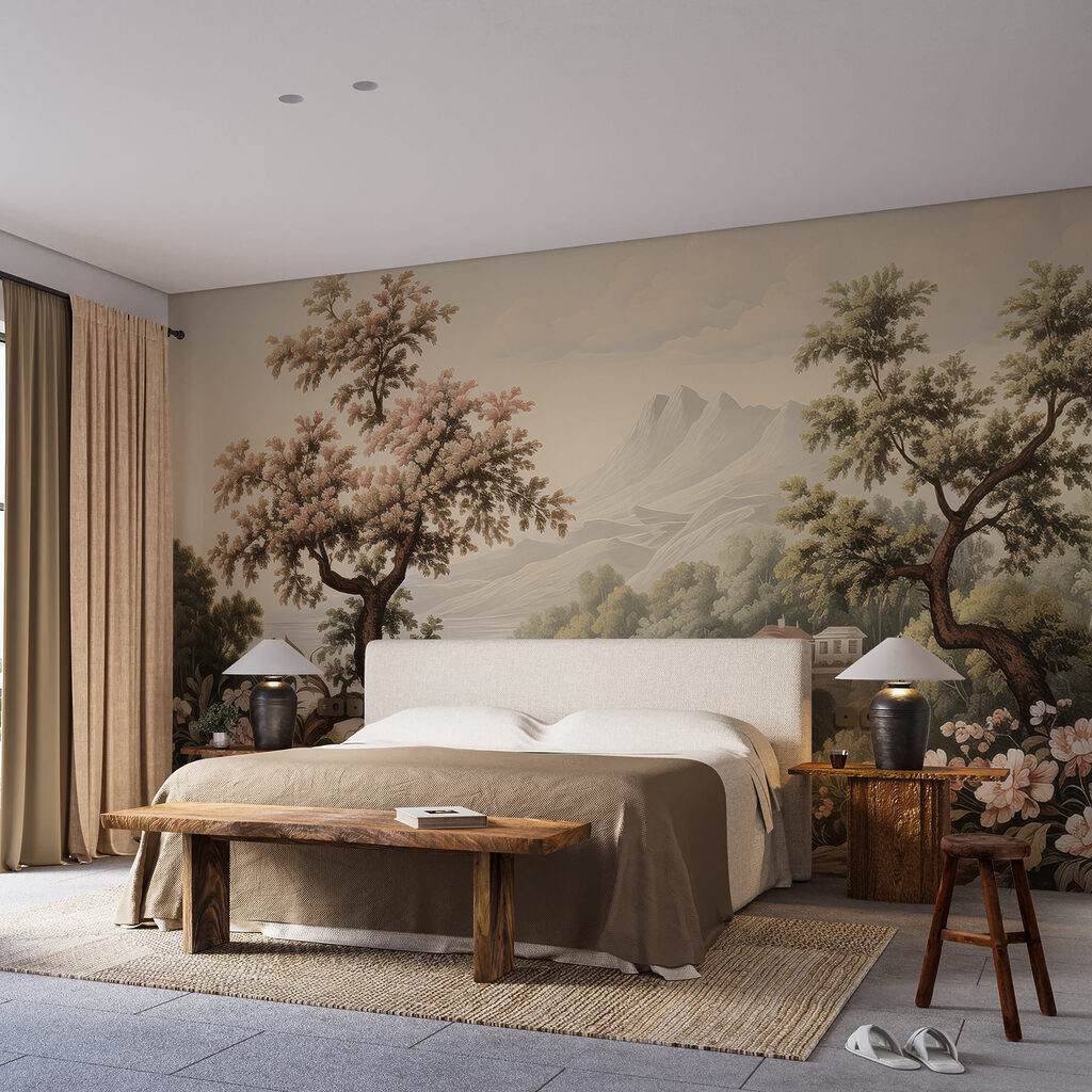 Blütenbäume am Bergtal in einem Interieur