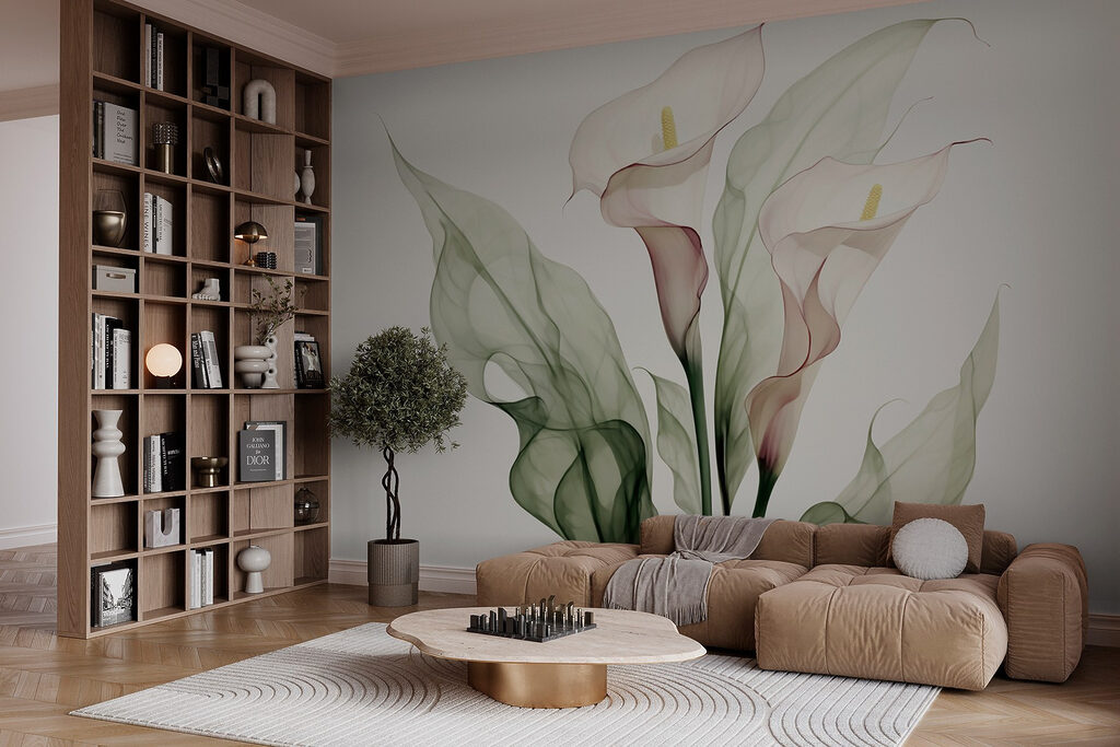 Weiße Blütenkelche mit Grün in einem Interieur
