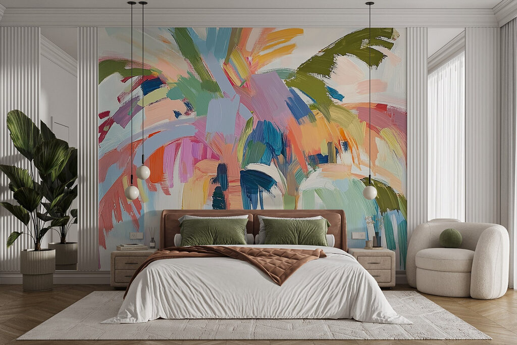Palme in bunten Pinselstrichen in einem Interieur