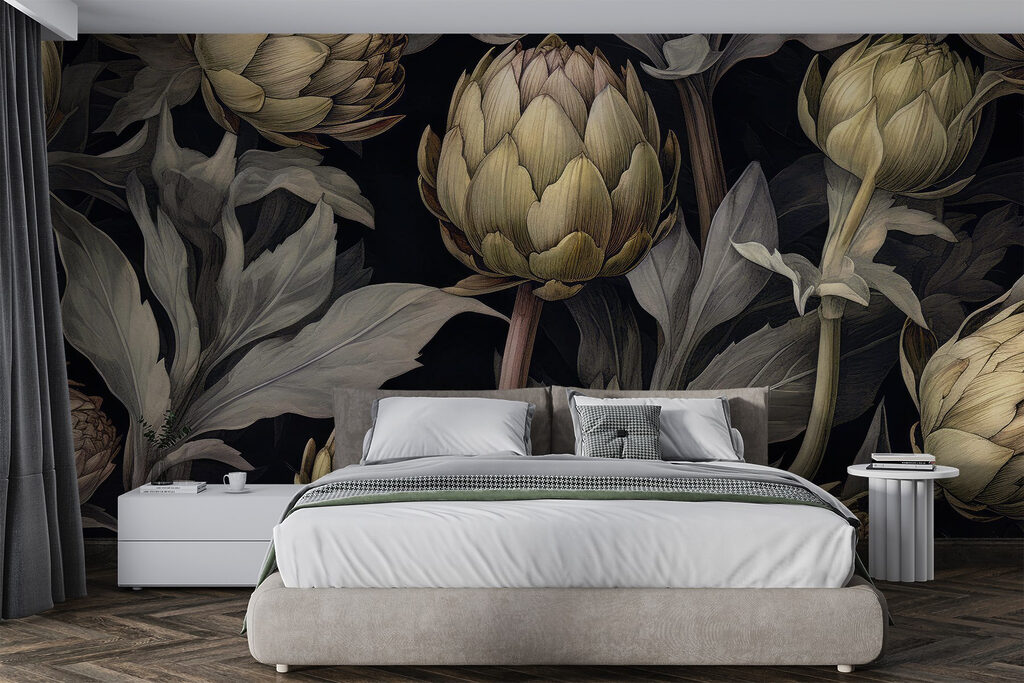 Artischocken zwischen dunklen Blättern in einem Interieur