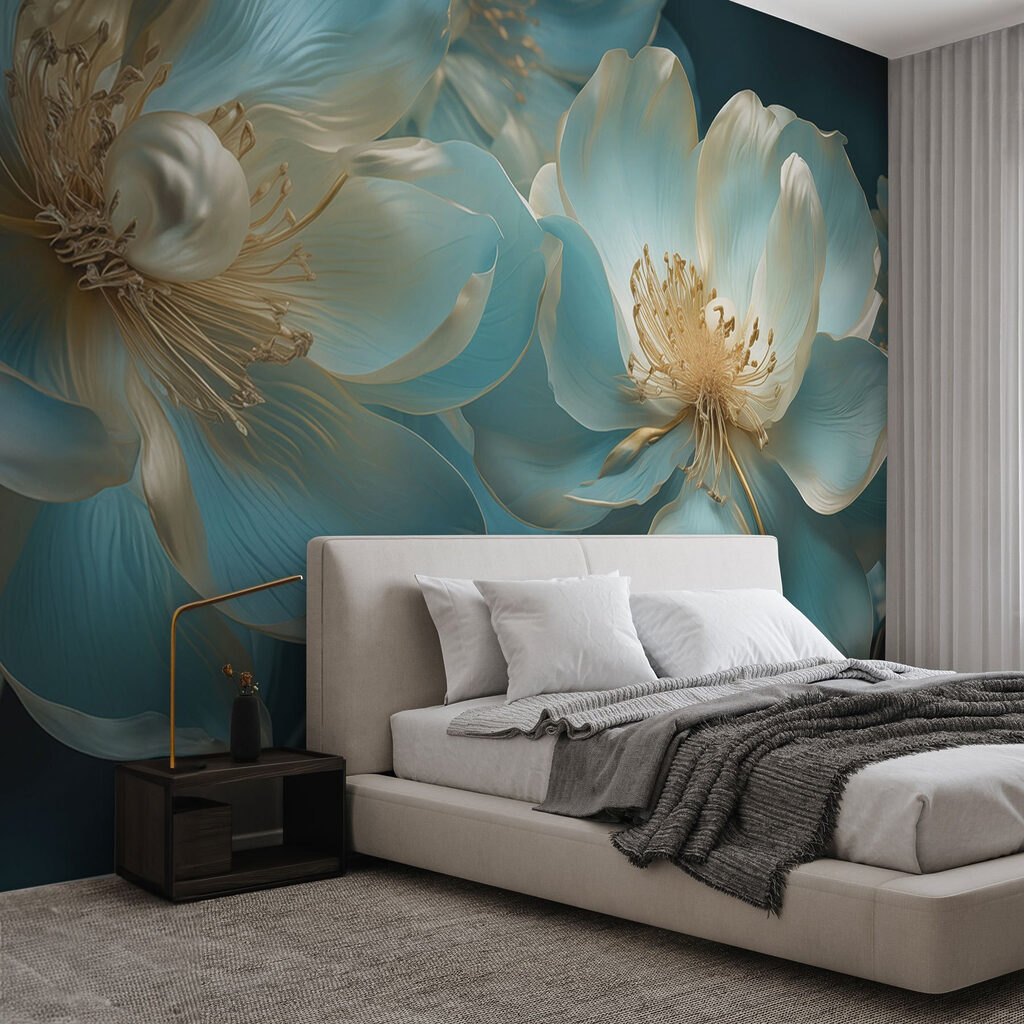 Türkisfarbene Blüten mit Goldrand in einem Interieur