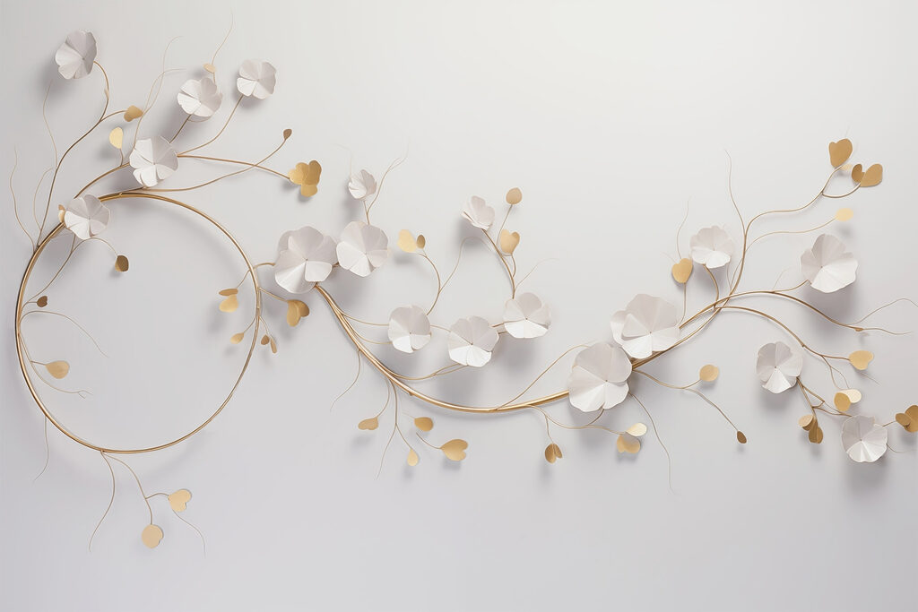 Weiße Blümchen, goldene Linien — ganzes Design