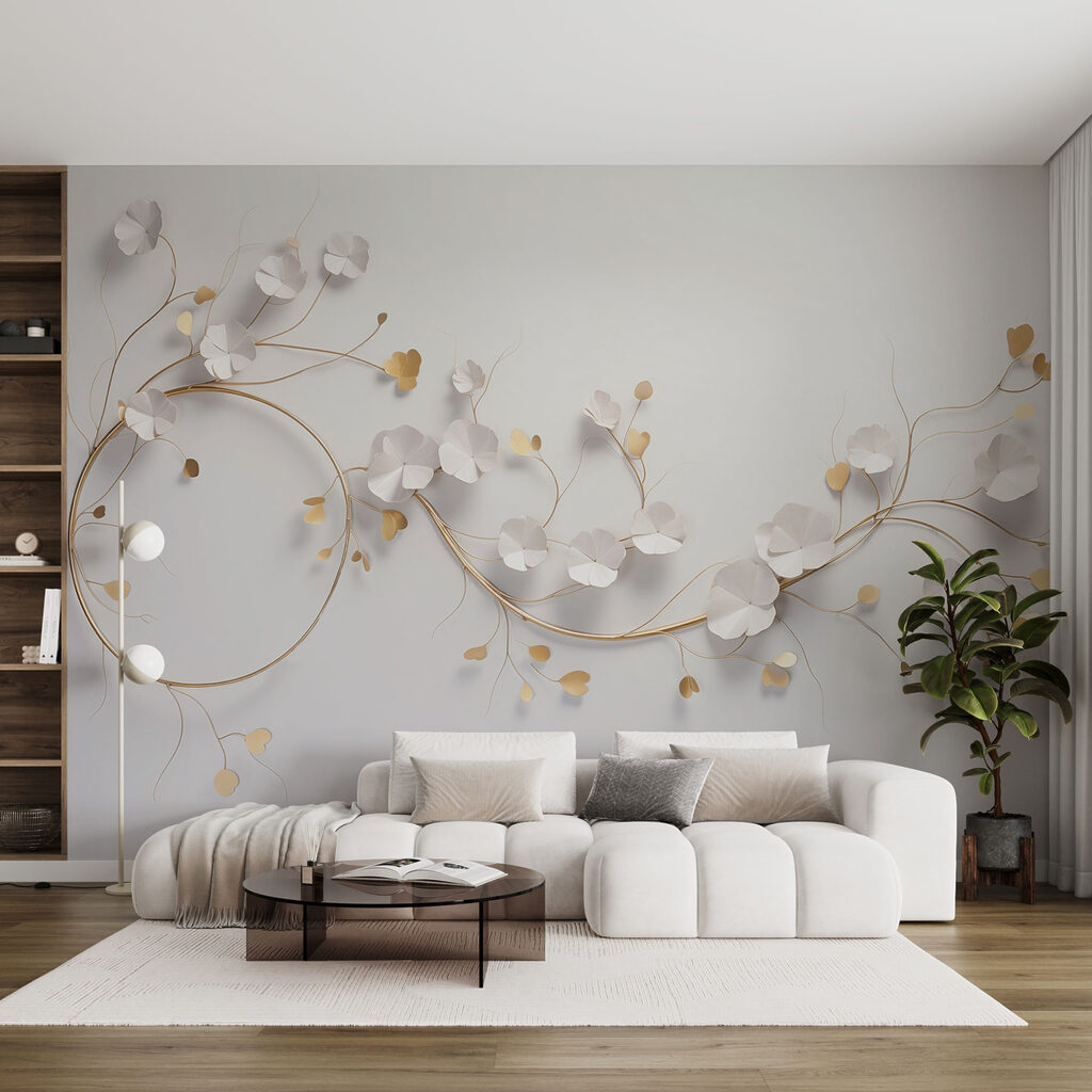 Weiße Blümchen, goldene Linien in einem Interieur