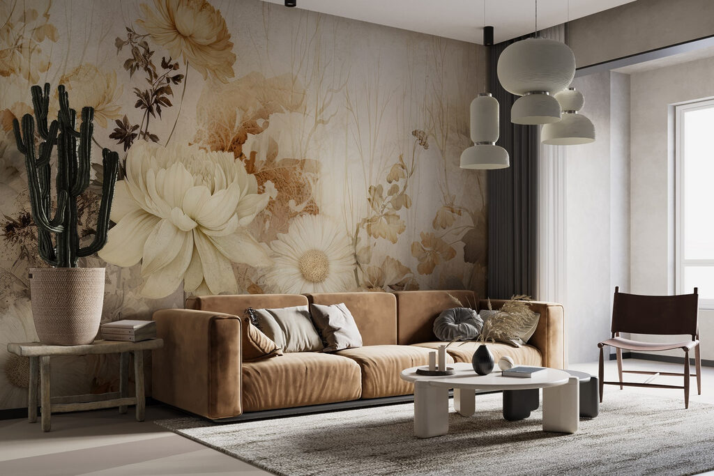 Blumen vor alten Pinselspuren in einem Interieur