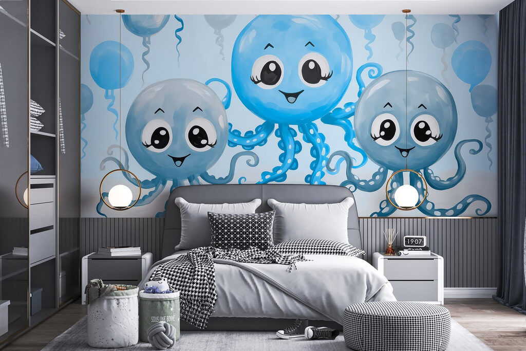 Kleine Kraken mit Ballons in einem Interieur