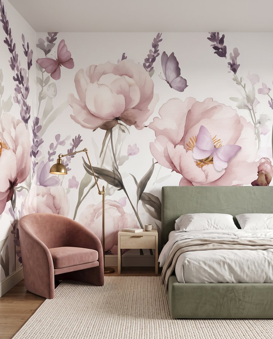 Schmetterlinge über Blütentrauben in einem Interieur