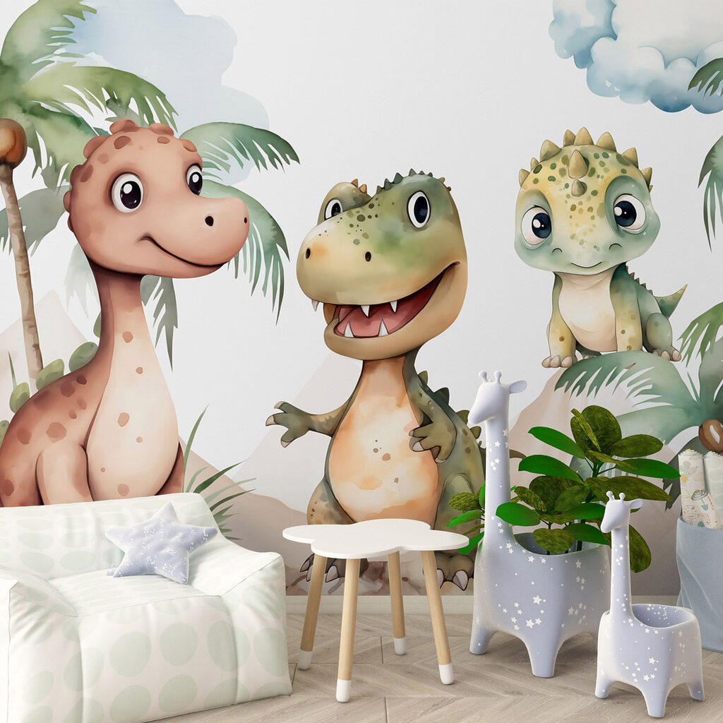 Drei Dinos unter Palmen in einem Interieur
