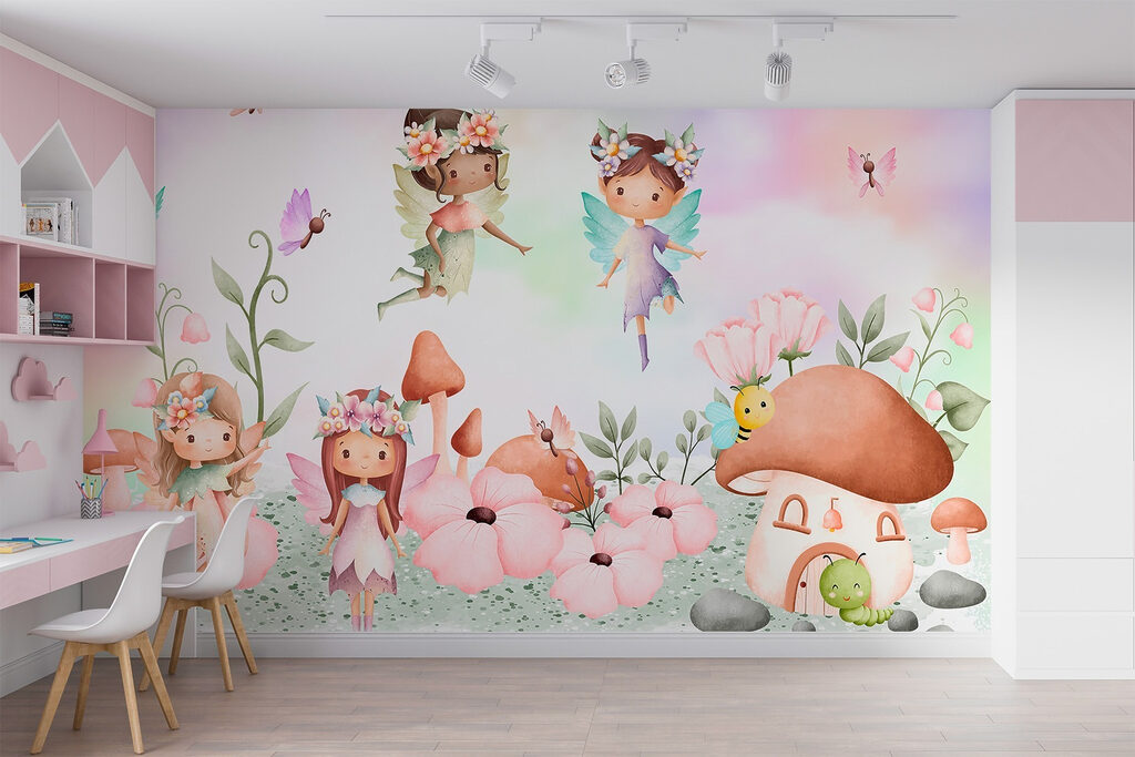 Blumenelfen und Pilze in einem Interieur