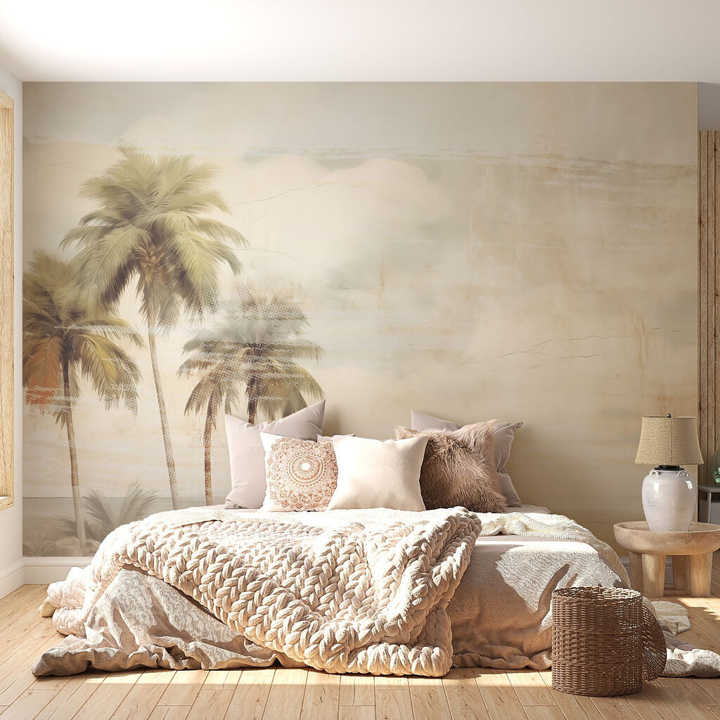 Palmen an verblasster Küste in einem Interieur
