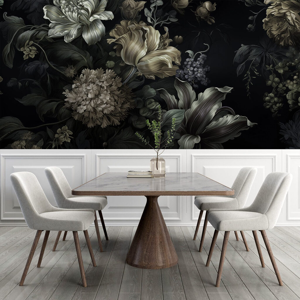 Blüten aus dem Dunkel in einem Interieur
