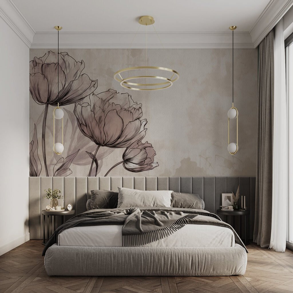 Gezeichnete Blumen auf Beige in einem Interieur