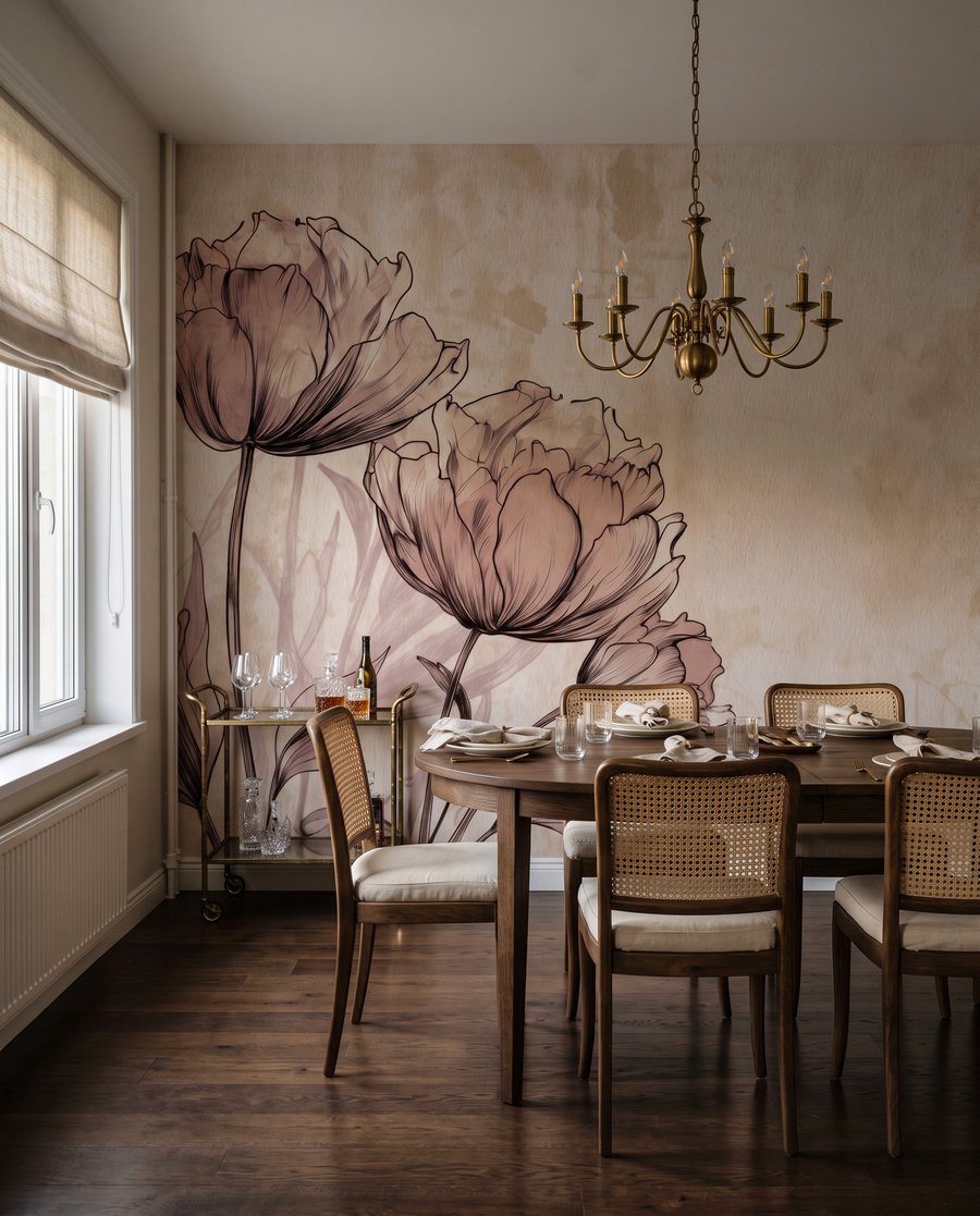 Gezeichnete Blumen auf Beige in einem Interieur