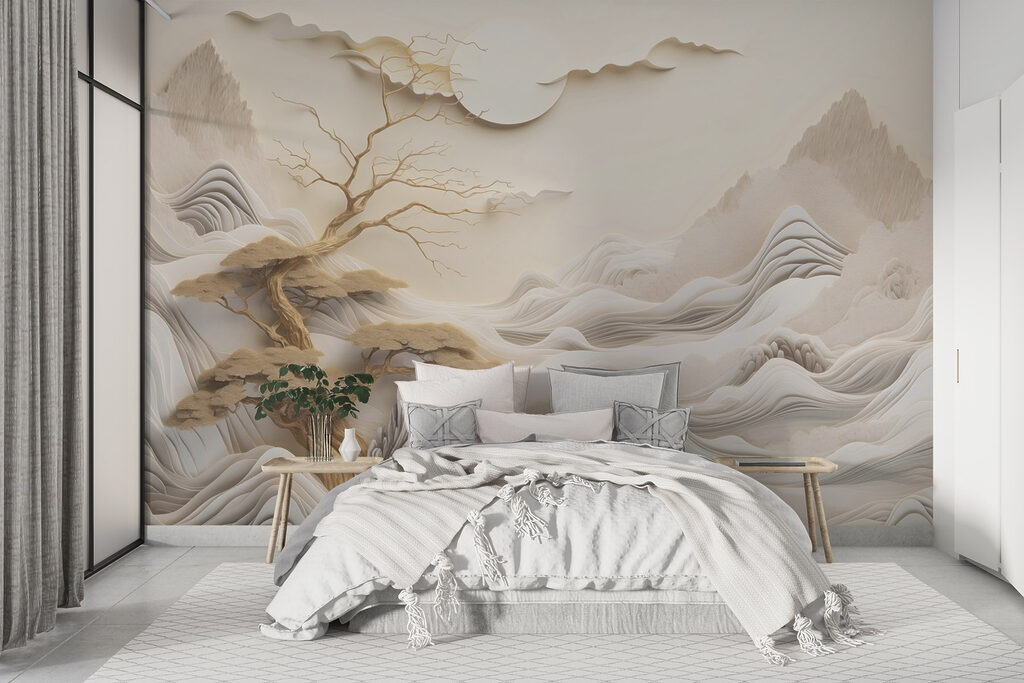 Goldener Baum zwischen Bergen in einem Interieur