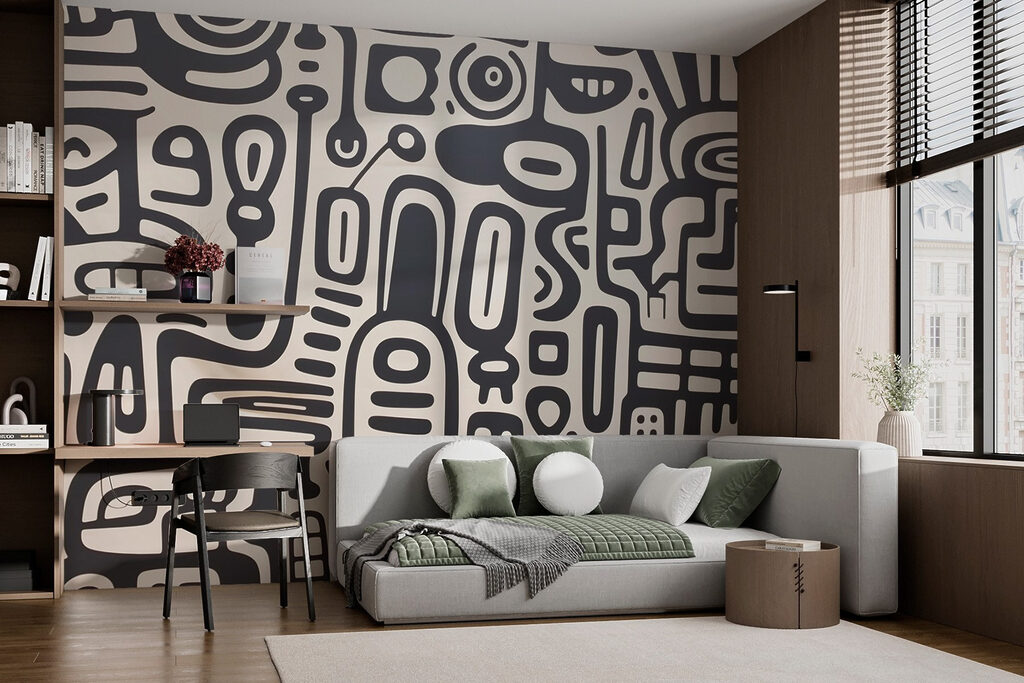 Schwarze Zeichen und Schnörkel in einem Interieur