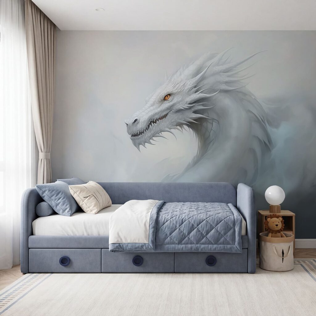 Weißer Drache im Nebel in einem Interieur