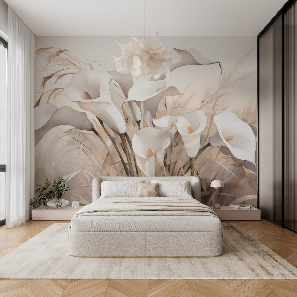 Weiße Kelche zwischen Halmen in einem Interieur