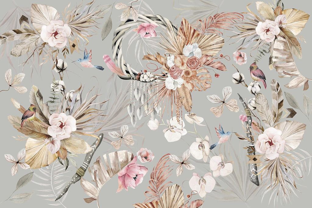 Zierliche Vögel und Blüten — ganzes Design