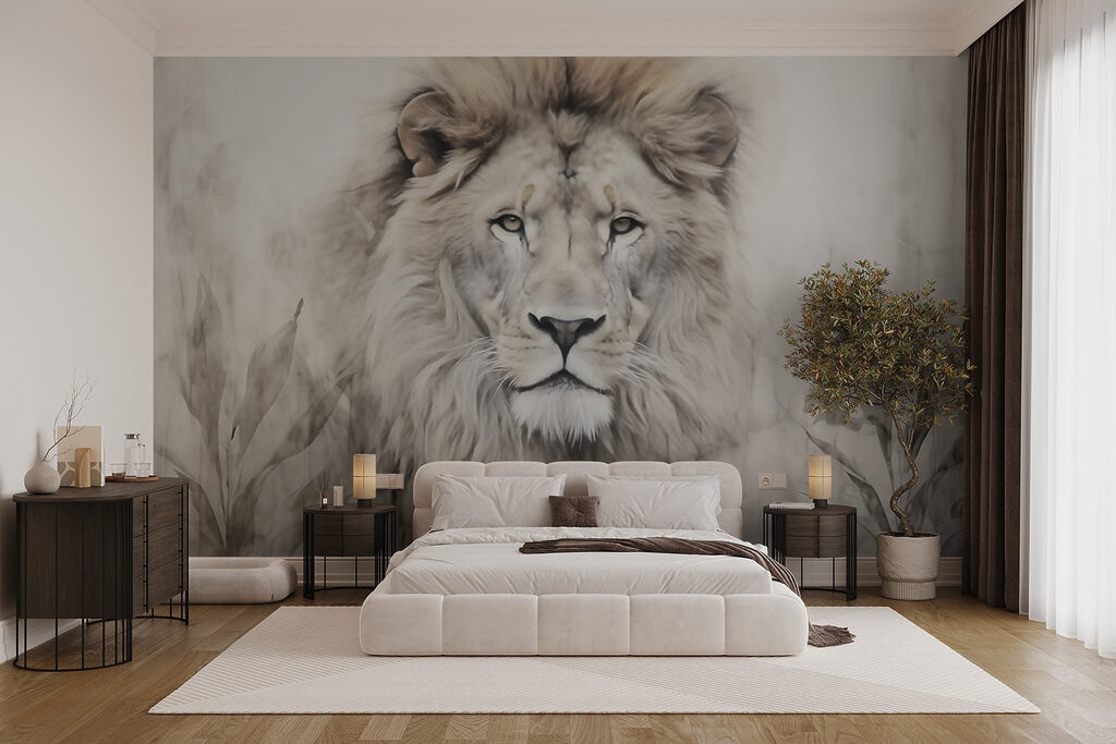 Löwe zwischen Gräsern in einem Interieur