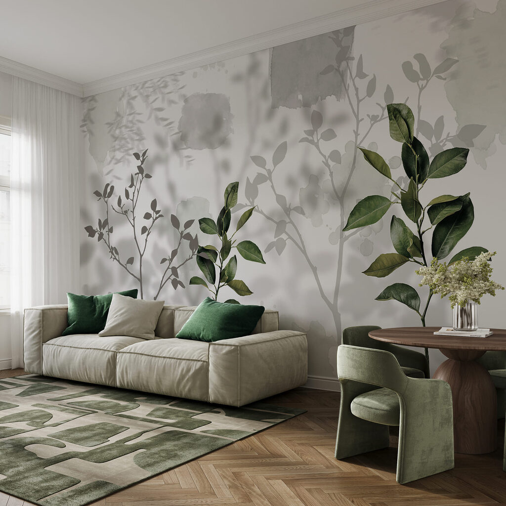 Zweige vor gemalten Schatten in einem Interieur