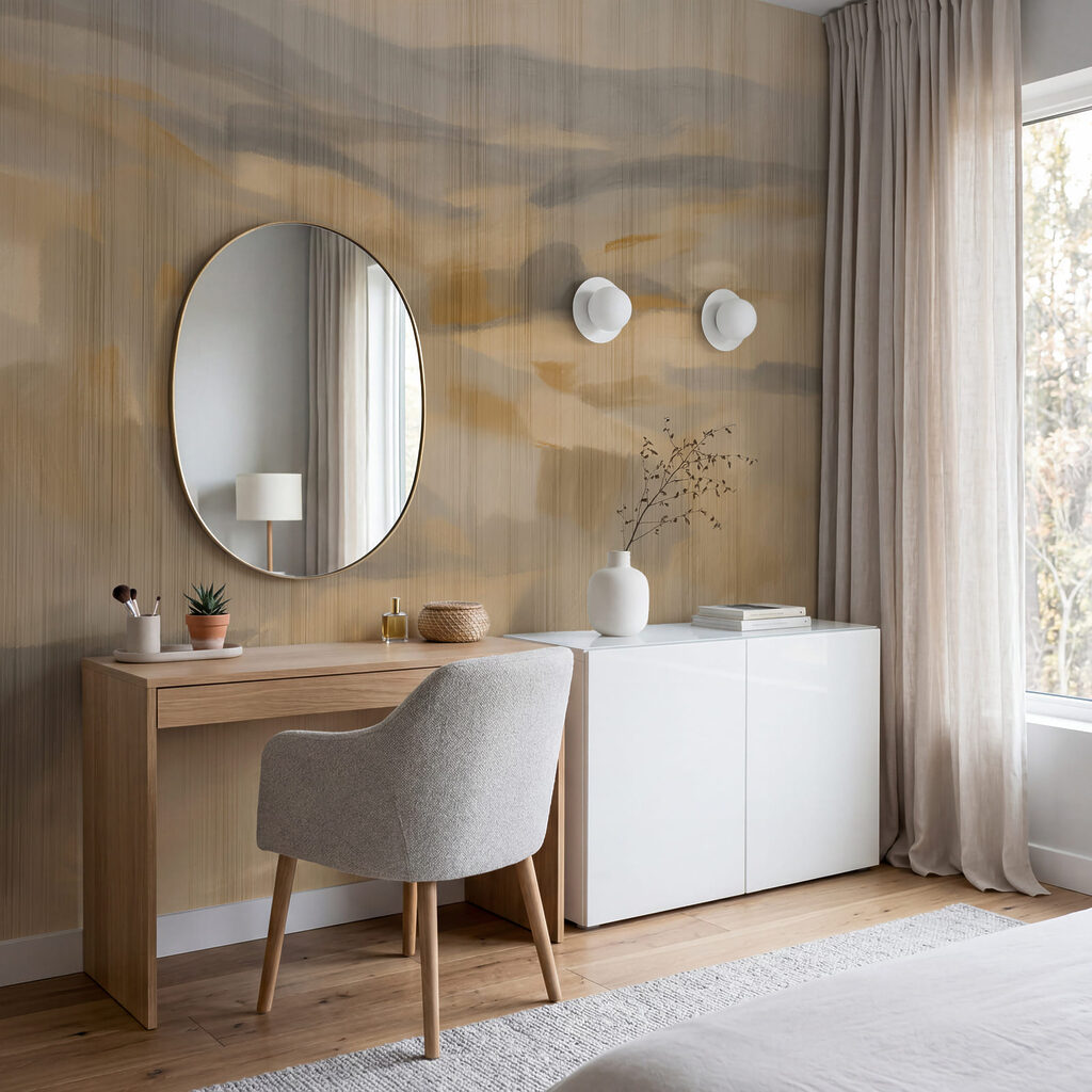 Hügel hinter Regenschleiern in einem Interieur