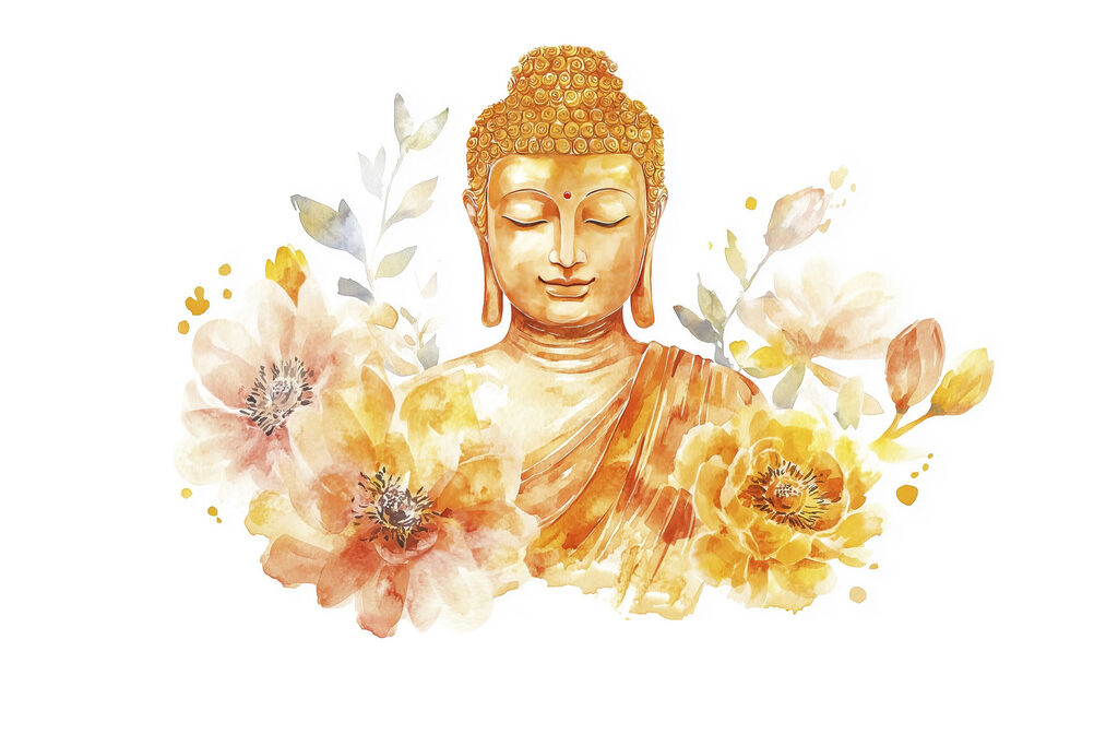 Buddha zwischen üppigen Blüten — ganzes Design