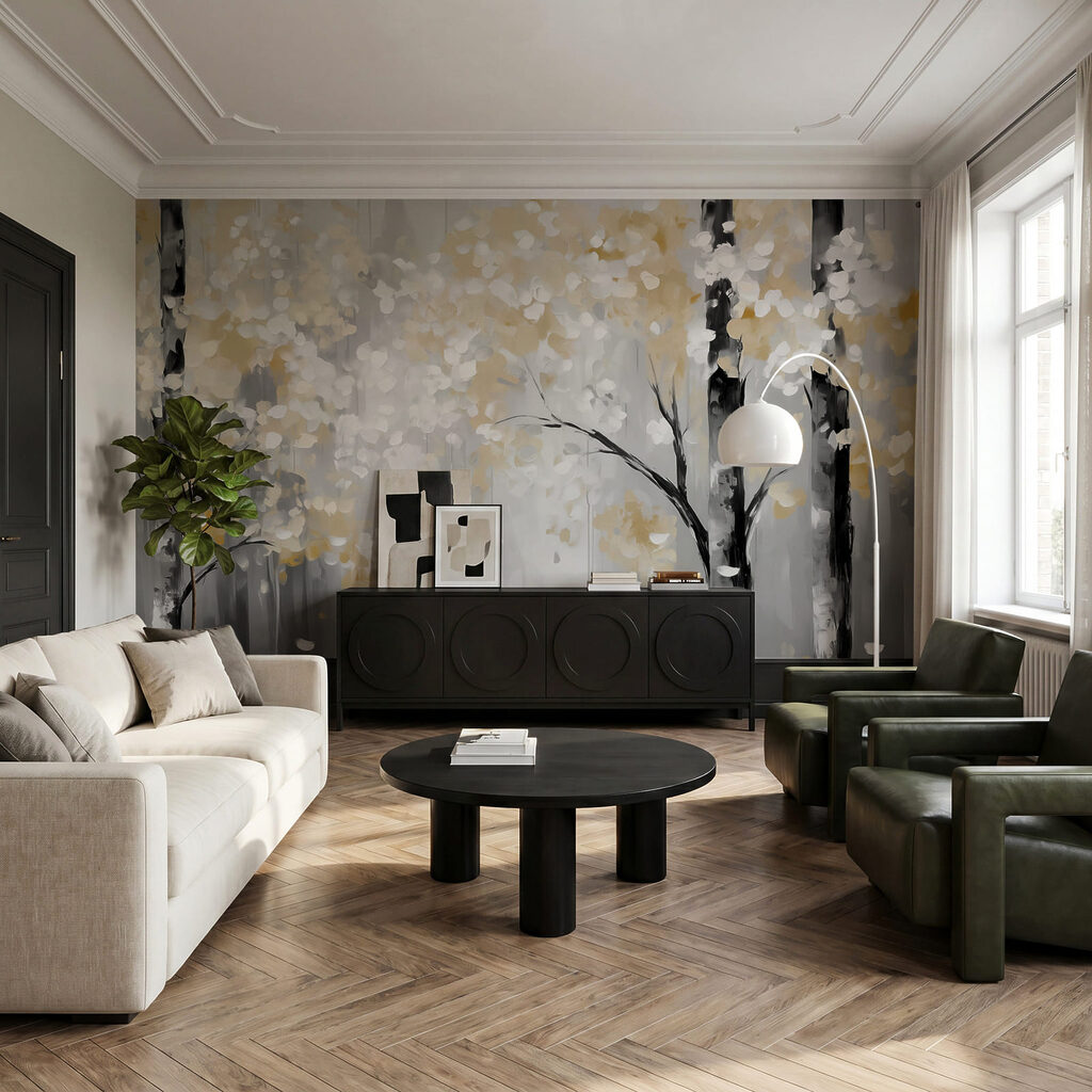 Waldlicht zwischen goldenen Blättern in einem Interieur