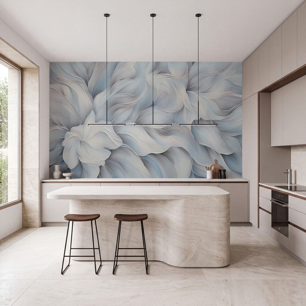 Blaue Blüte in Falten in einem Interieur