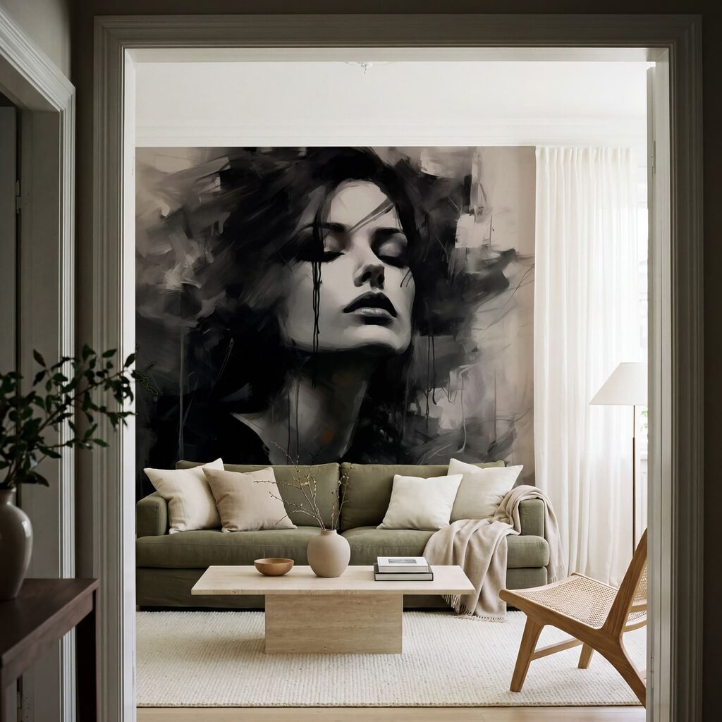 Gesicht in schwarzem Farbfluss in einem Interieur