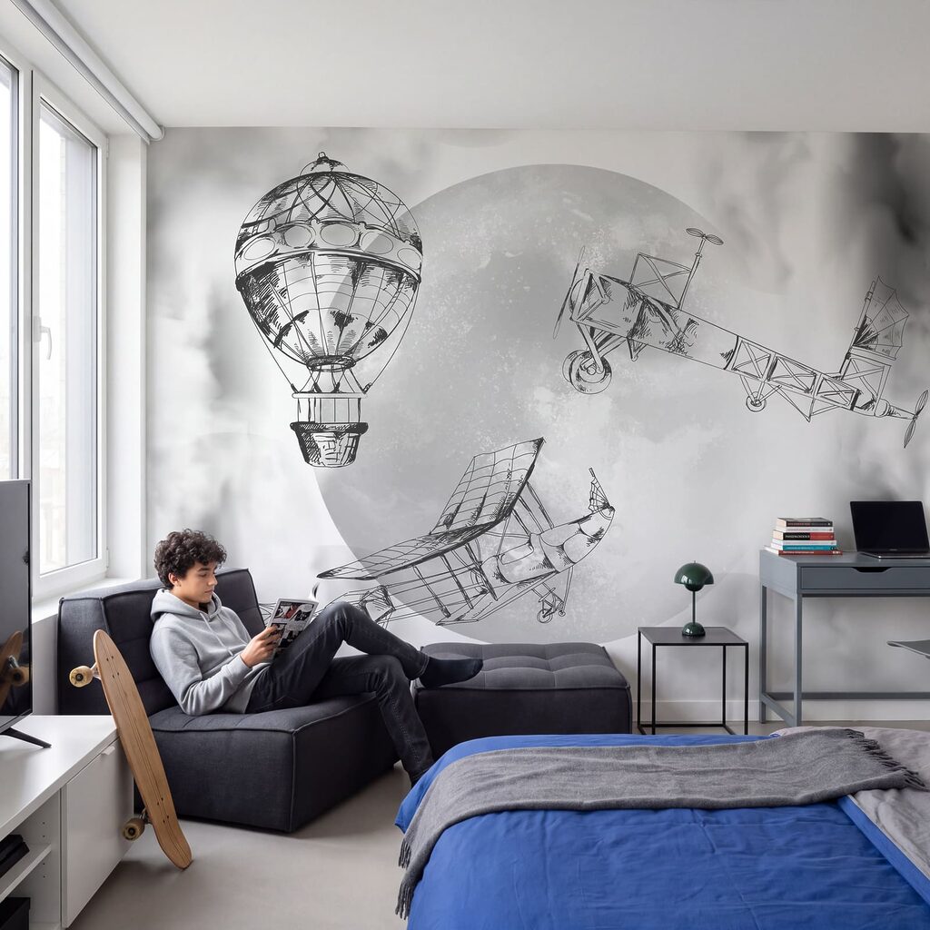 Flug vor dem Mond in einem Interieur