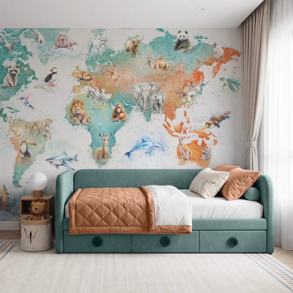 Bunte Weltkarte der Tiere in einem Interieur