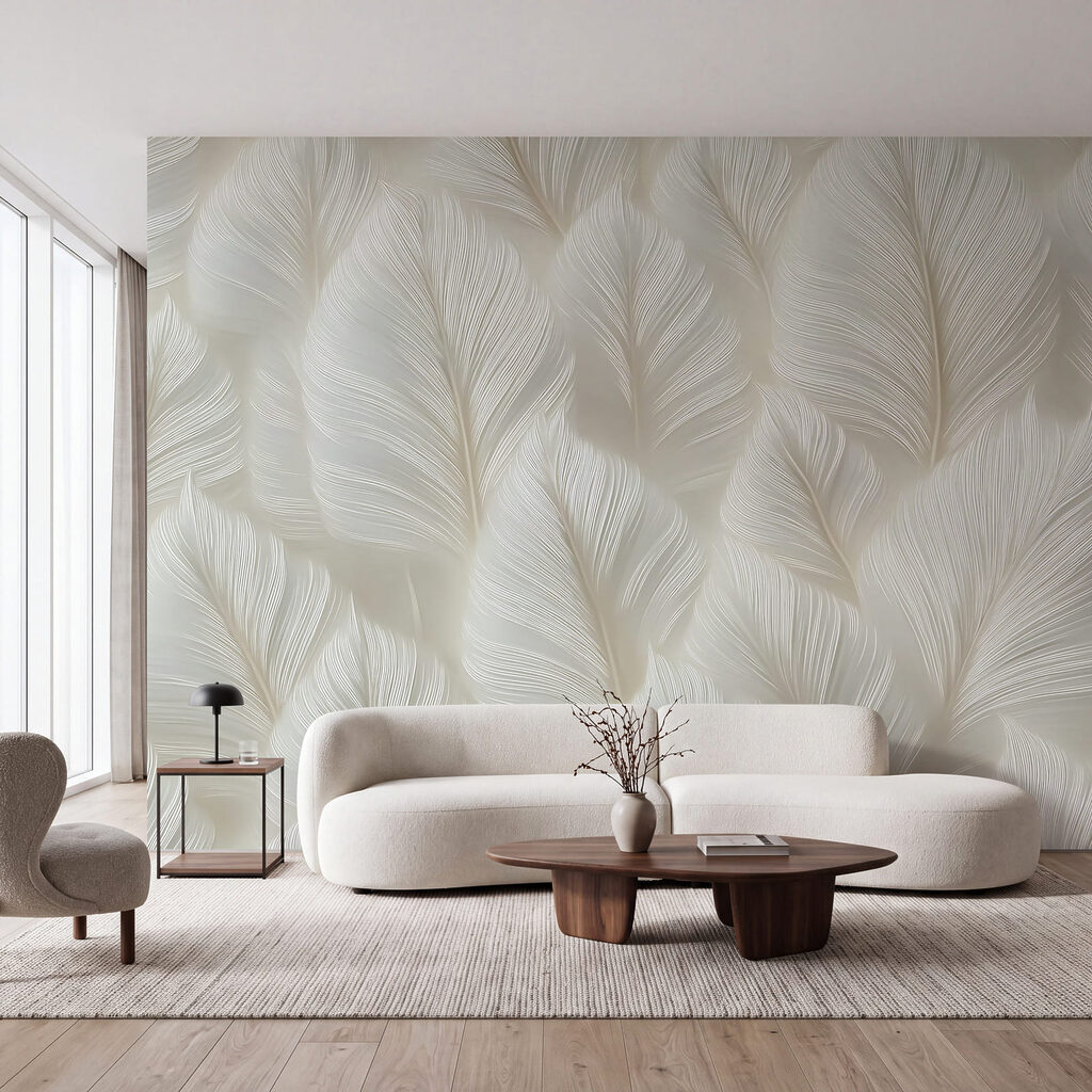 Weiße Federn im Morgenlicht in einem Interieur
