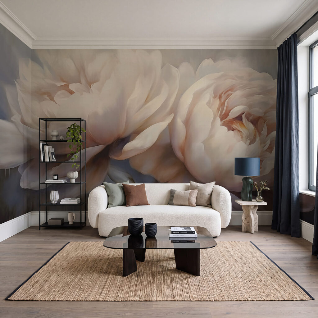 Große Blüten in Abendrosa in einem Interieur