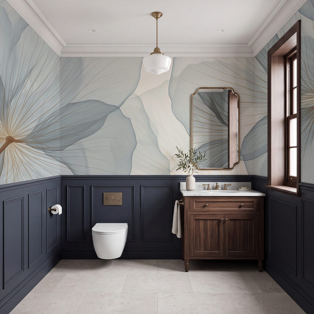 Blaue Blütenblätter mit Adern in einem Interieur