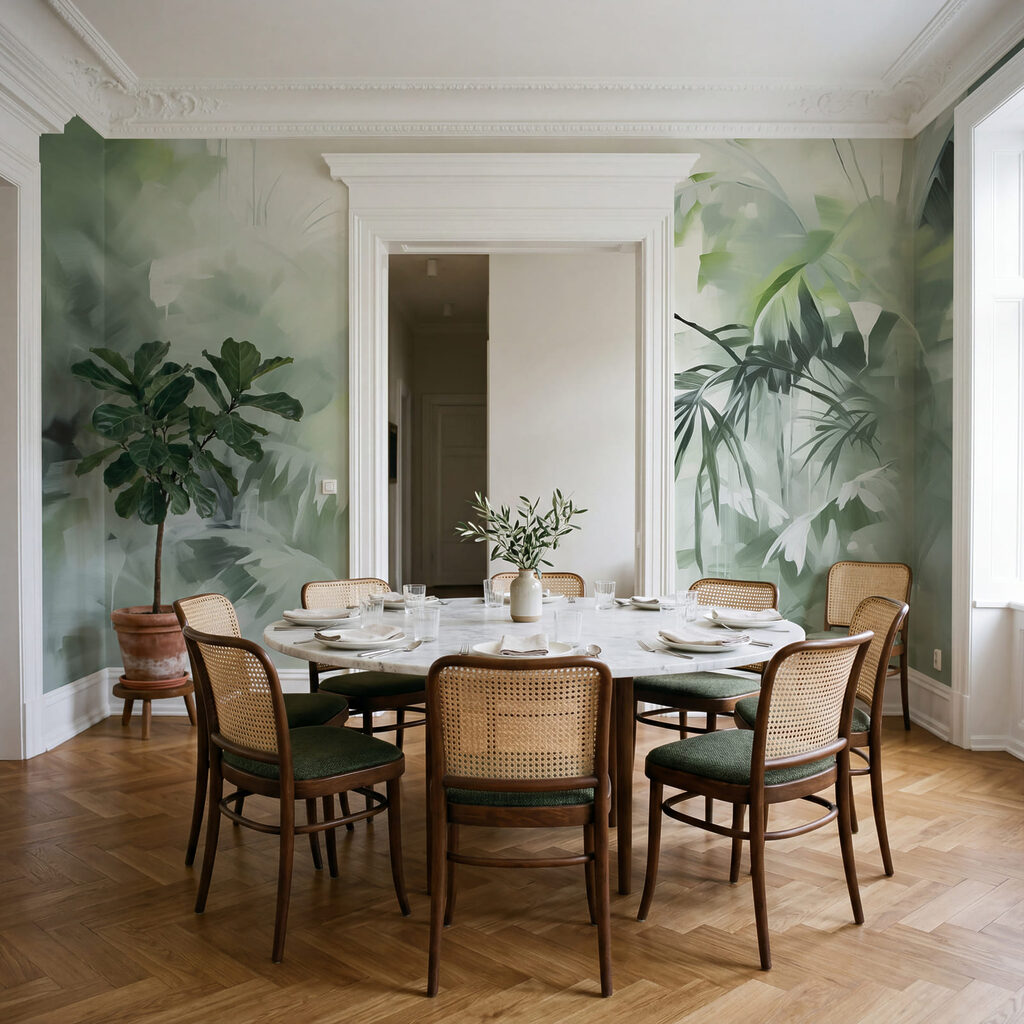 Grüner Wald in Farbspuren in einem Interieur