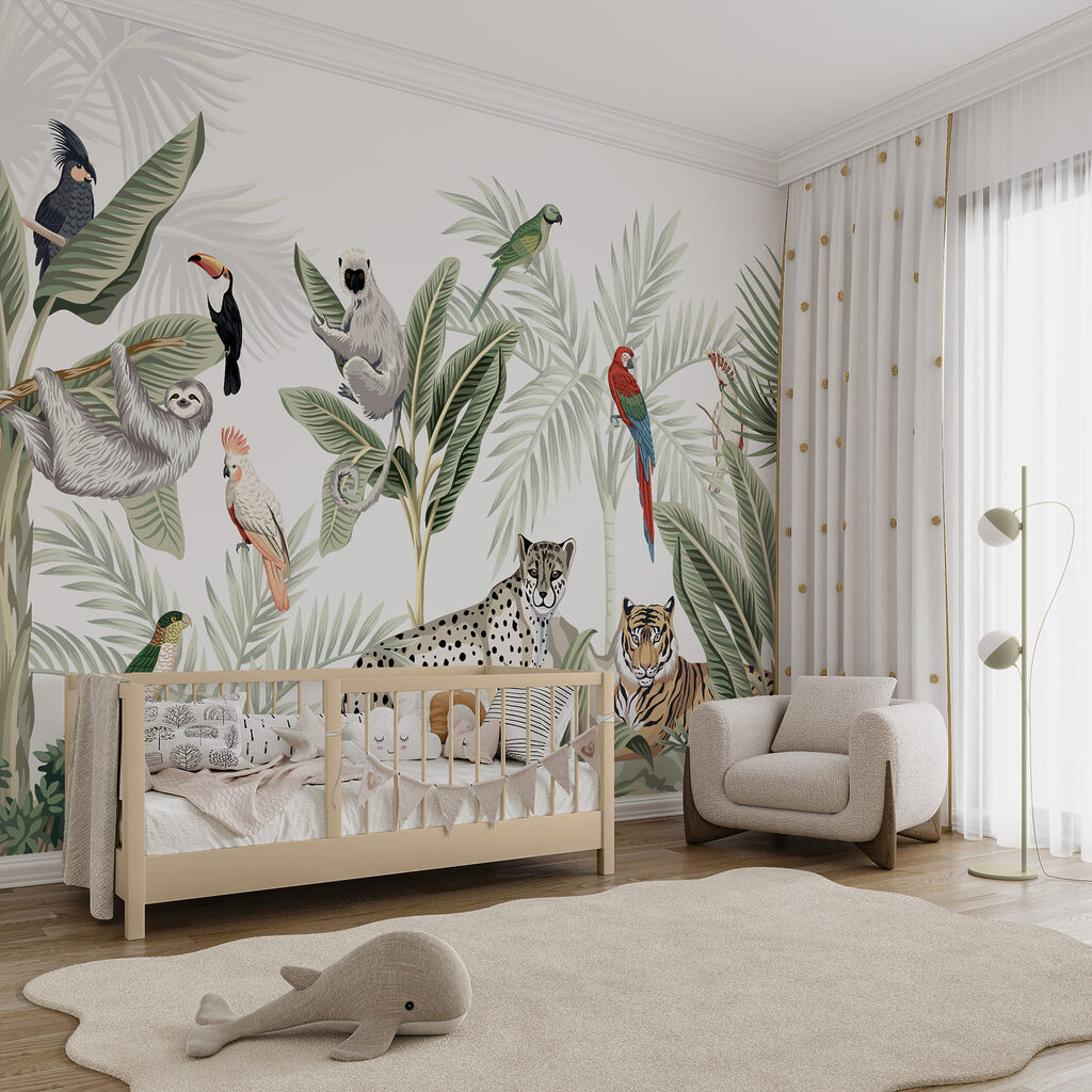 Dschungeltiere zwischen hohen Blättern in einem Interieur
