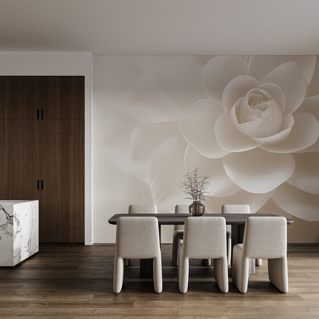Rose mit breiten Blütenblättern in einem Interieur