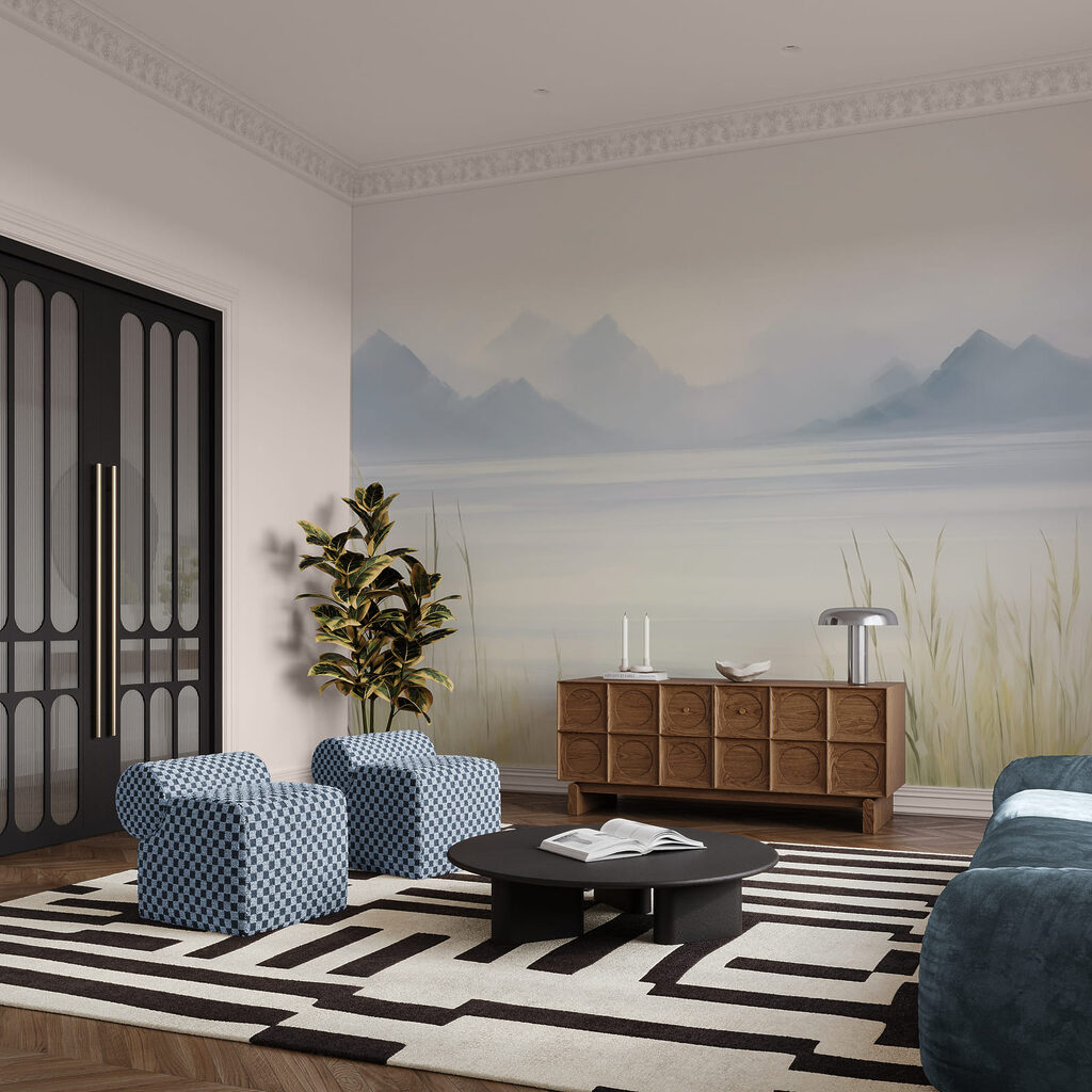 Bergsee hinter blassen Halmen in einem Interieur