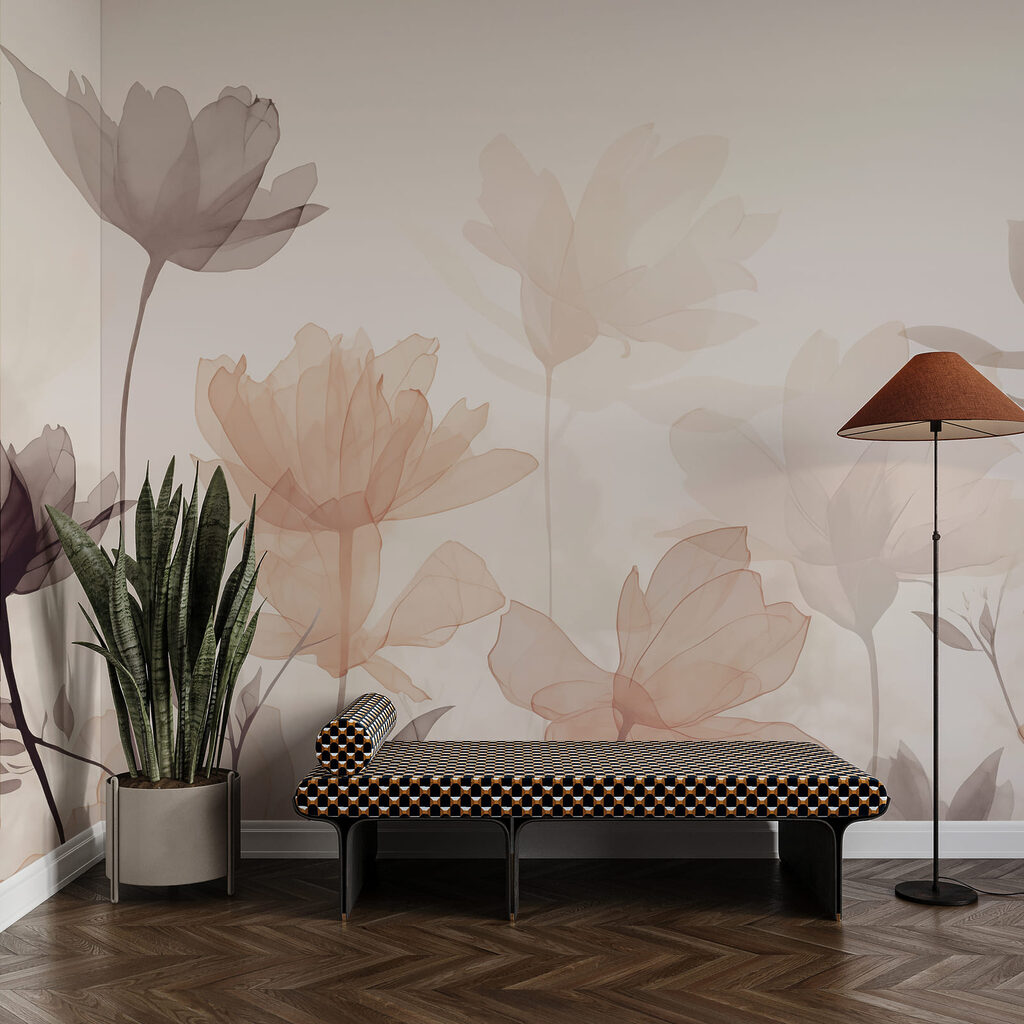 Blüten in transparenten Schichten in einem Interieur