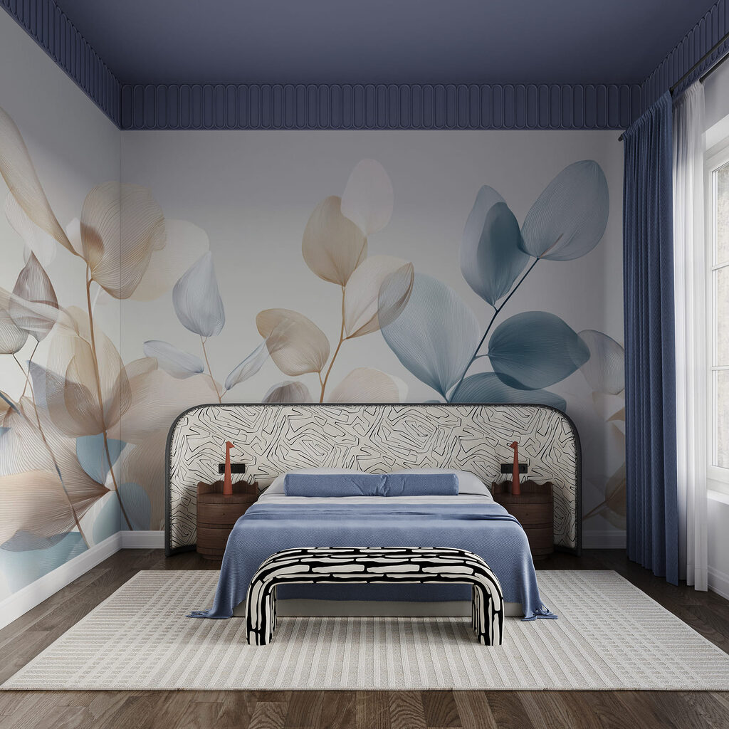 Blaue und cremefarbene Zweige in einem Interieur