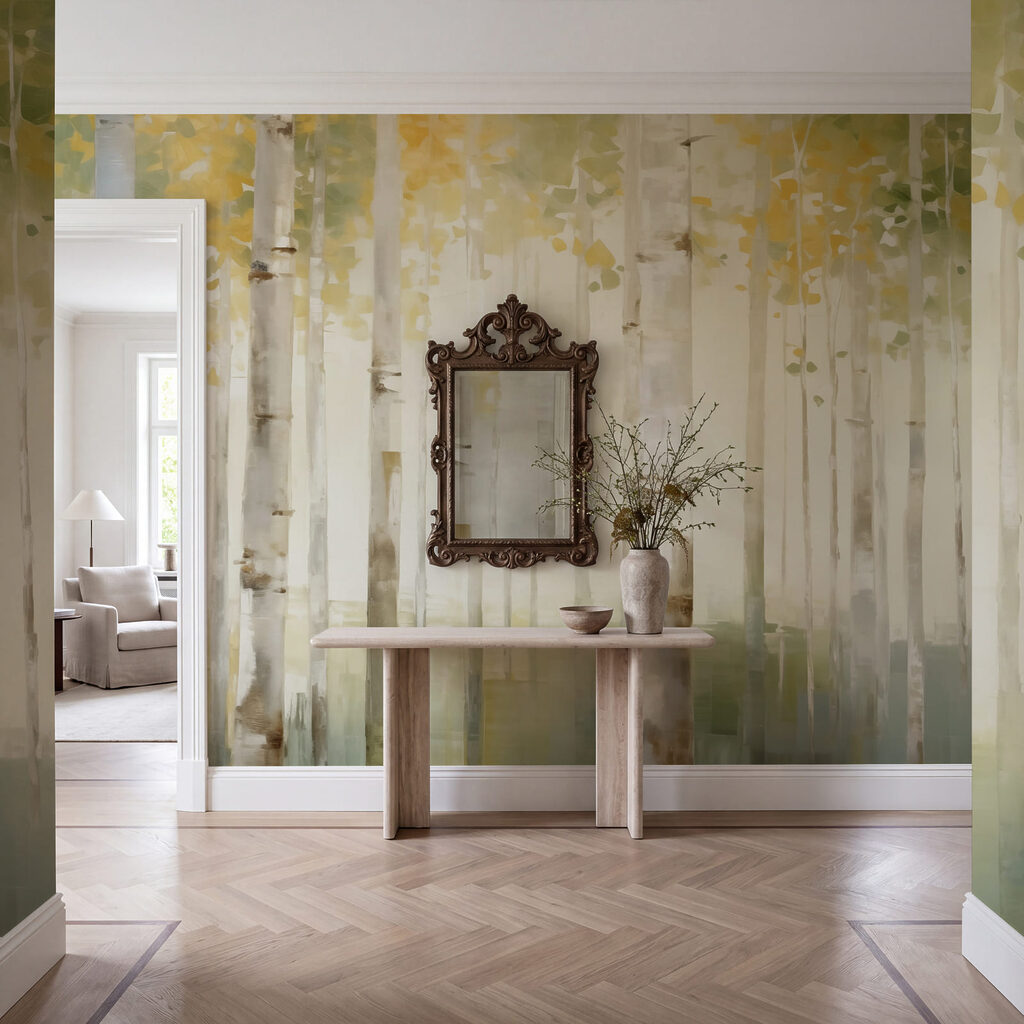 Birken im goldenen Morgen in einem Interieur