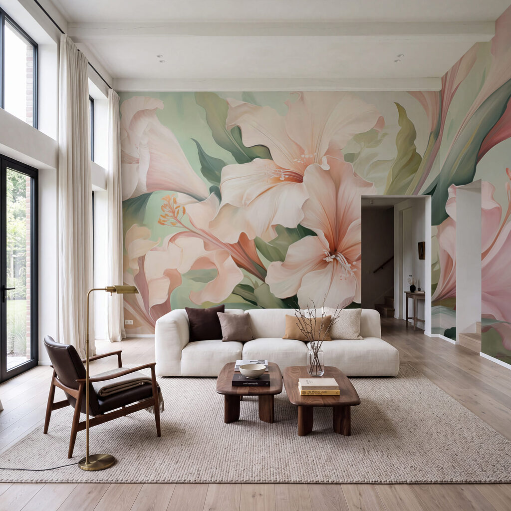 Rosa Blüten mit Grün in einem Interieur