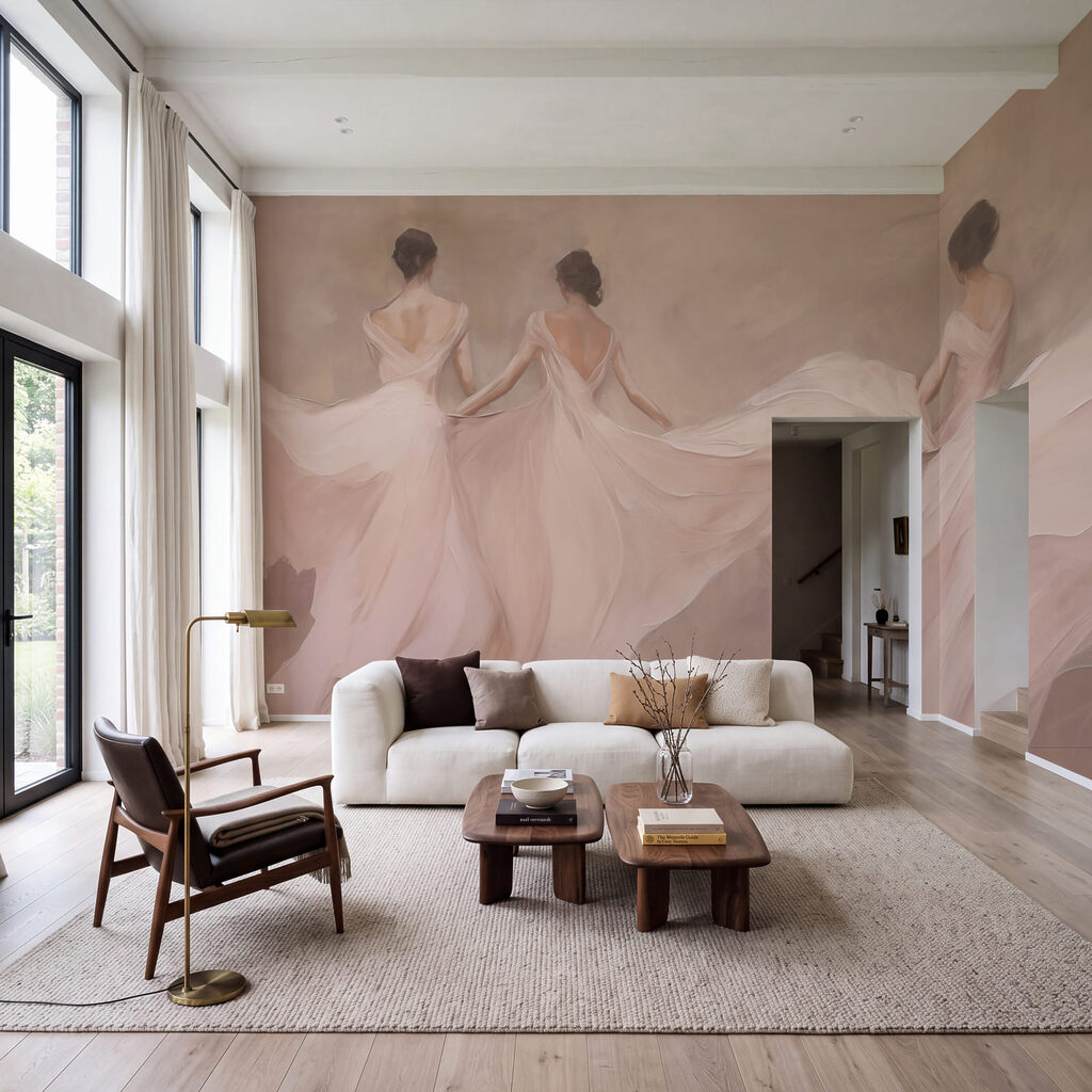 Drei Tänzerinnen in Rosa in einem Interieur