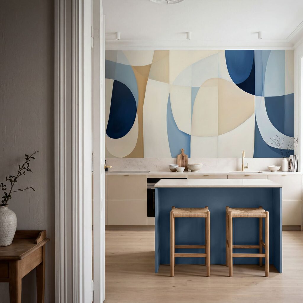 Blaue Bögen auf Creme in einem Interieur