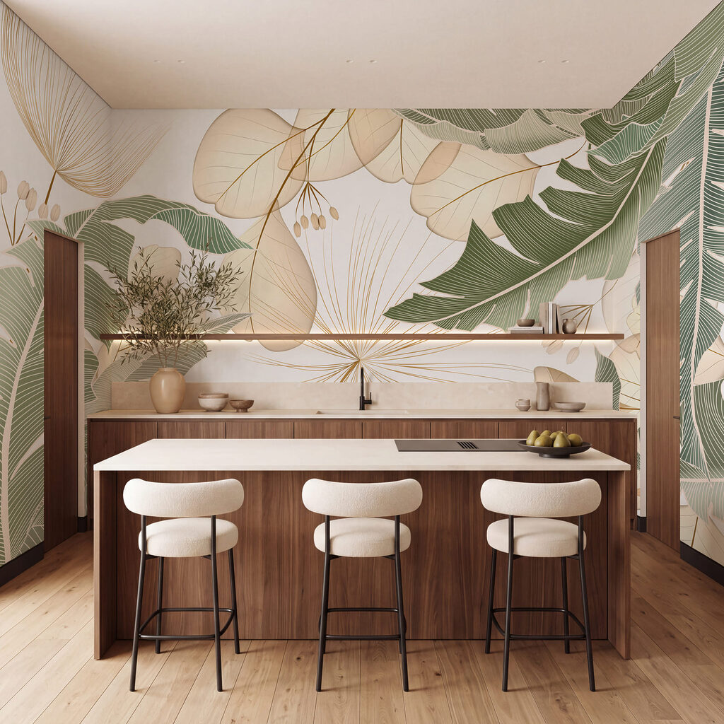 Palmblätter mit hellen Konturen in einem Interieur